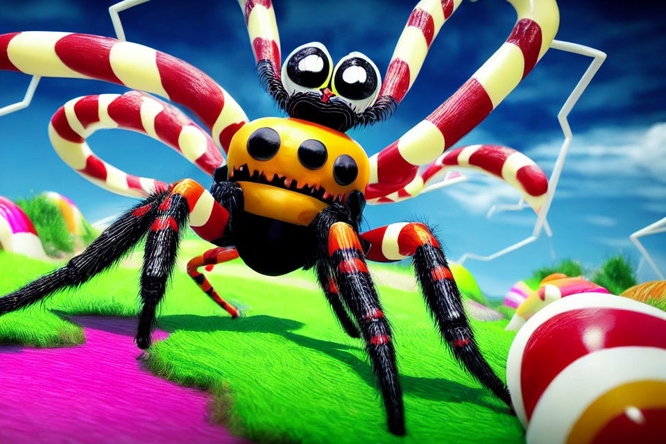 Colorful Cartoon Spider with Candy Cane Legs on Vibrant Background