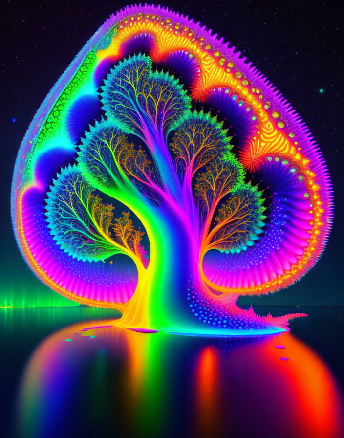 Colorful Psychedelic Tree Artwork with Fractal Branches and Starry Sky Reflection