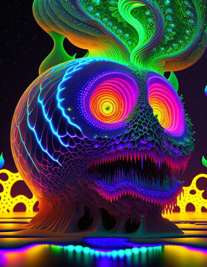 Colorful psychedelic skull art with neon swirls and fractal textures