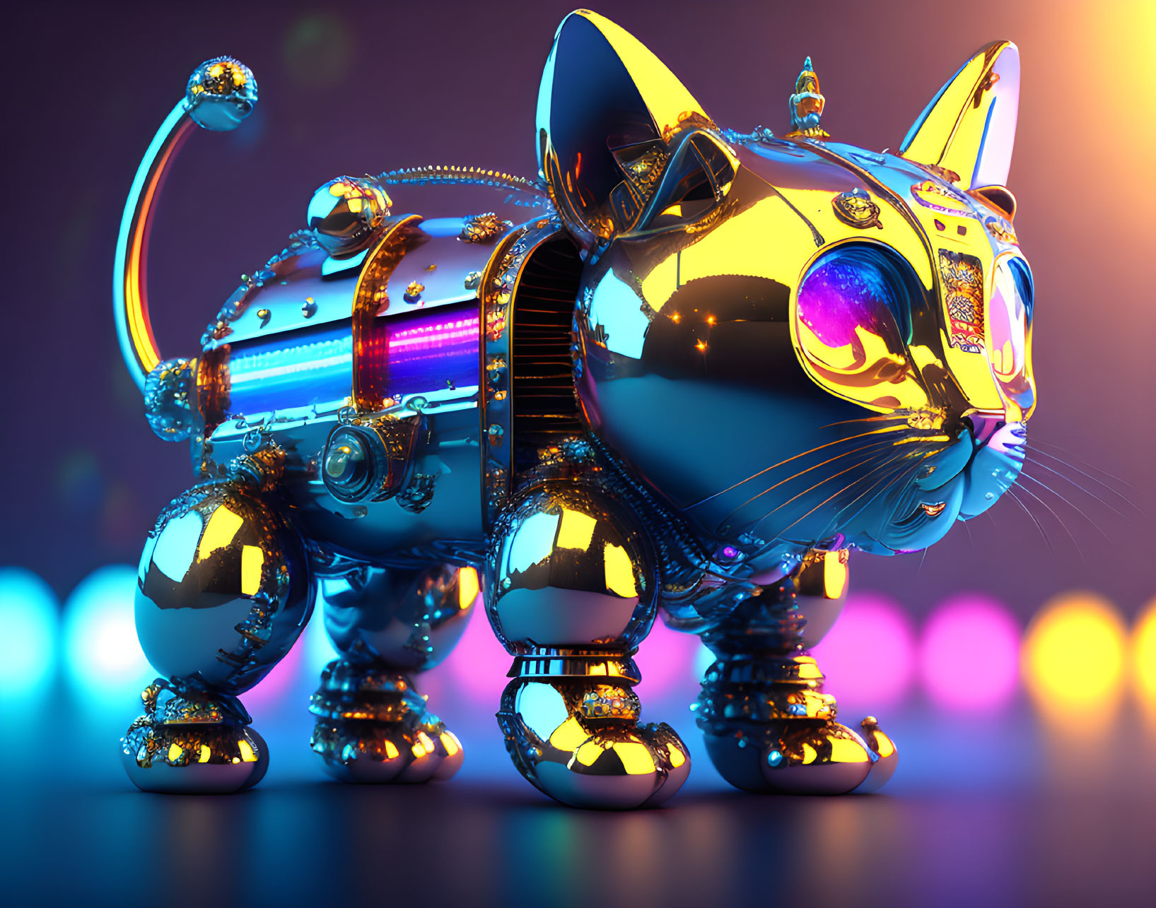 Metallic Robotic Cat Against Colorful Bokeh Background