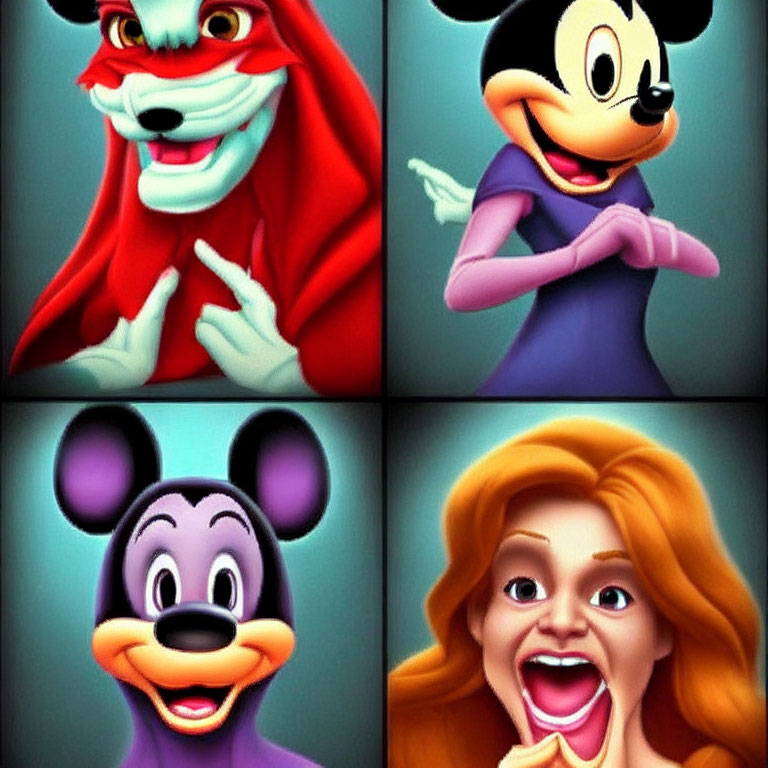 Four Disney characters with exaggerated expressions: red fox, female mouse, male mouse, and woman with long