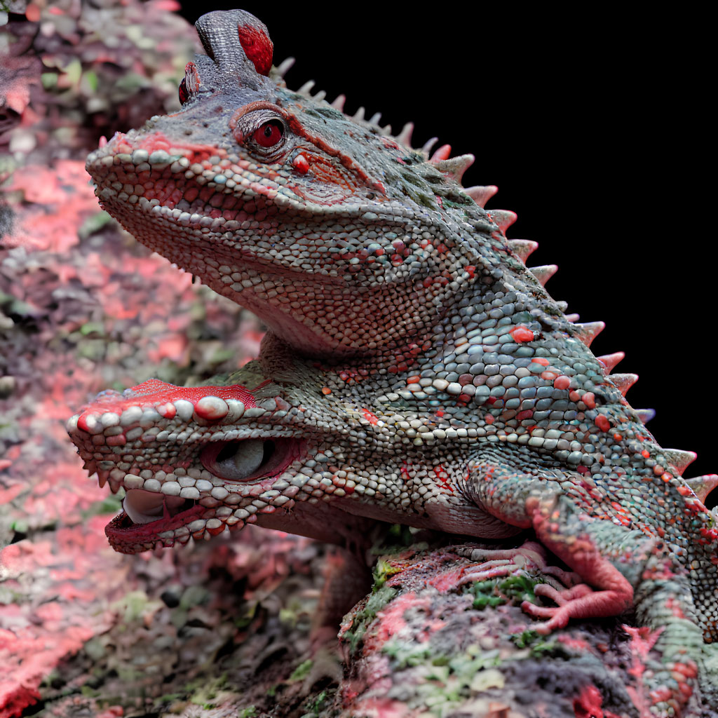 Red and Green Iguanas with Spiny Backs on Rocky Surface