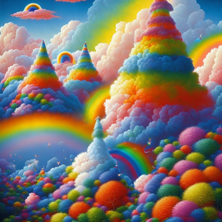 Colorful Landscape with Fluffy Clouds, Rainbows, and Rainbow Trees