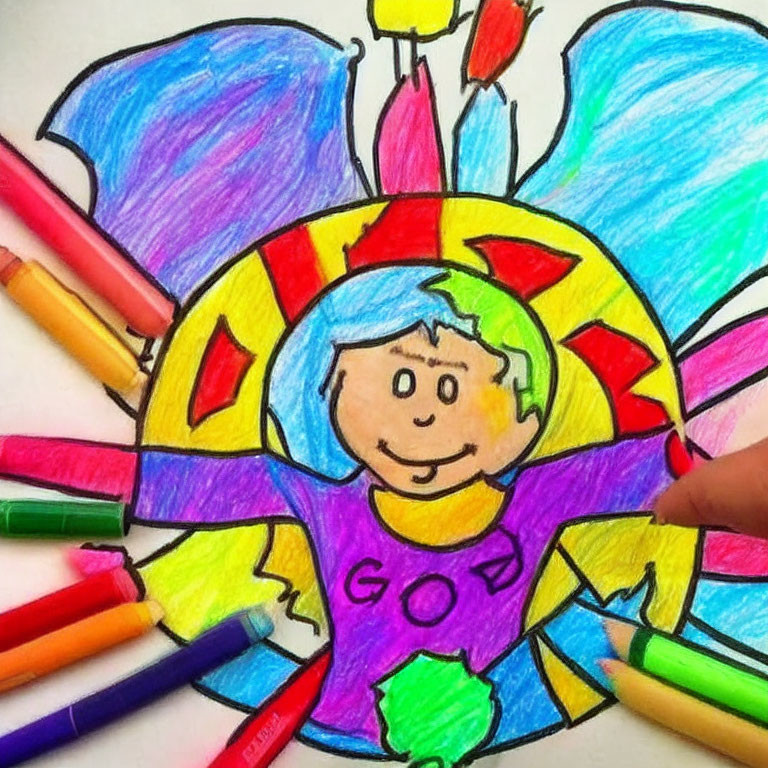 Child with wings in circular pattern and crayons, "GOOD" on shirt