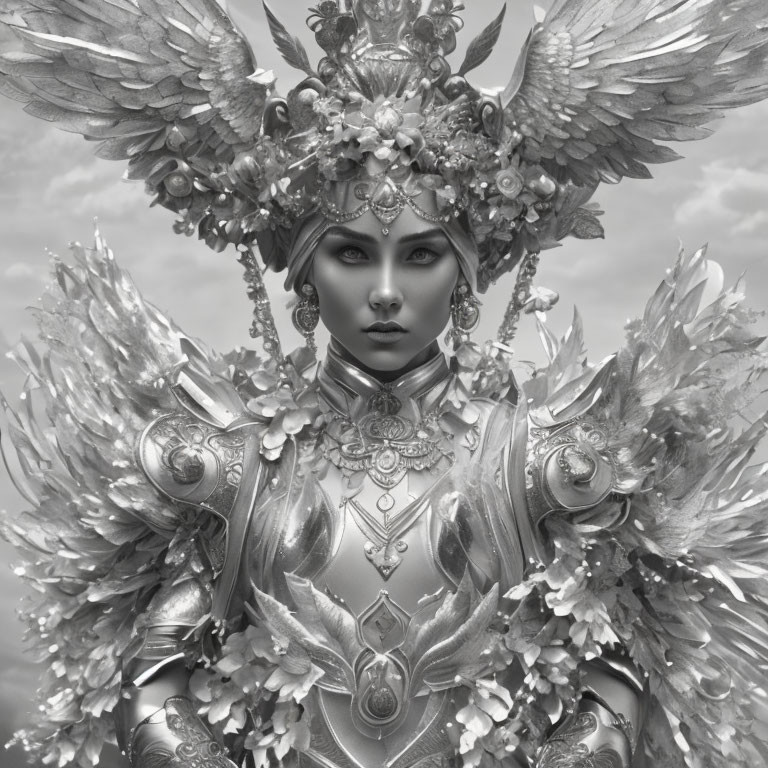 Fantasy-styled woman in winged armor with elaborate headdress and jewelry.