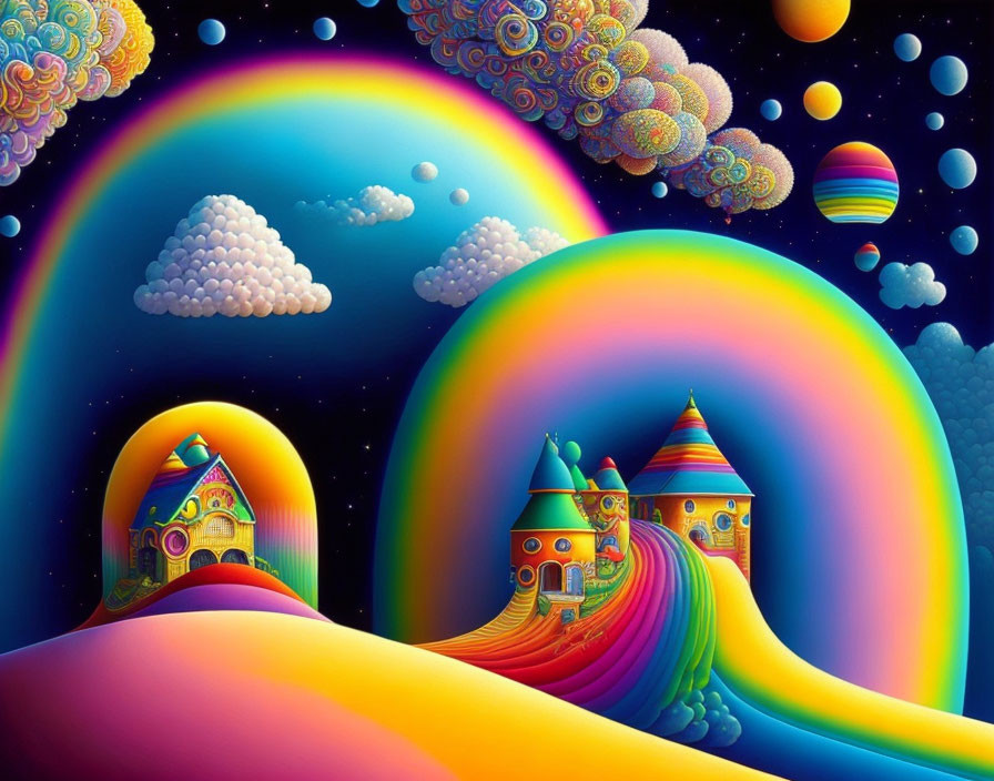 Colorful Castles and Rainbows in Whimsical Fantasy Landscape