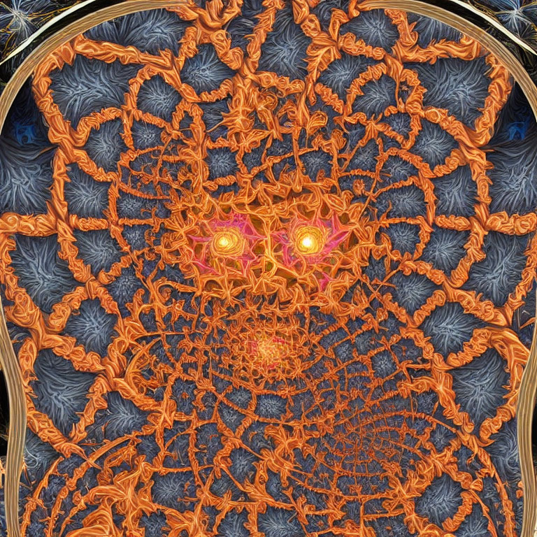 Intricate Orange and Blue Fractal Patterns with Glowing Node