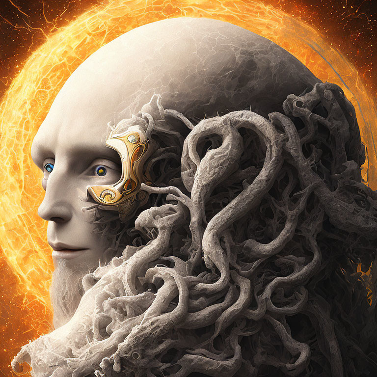 Celestial humanoid portrait with ornate eye-mask and fiery orange energy