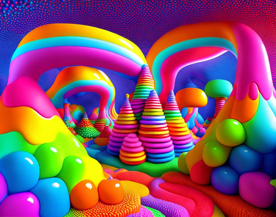 Colorful Digital Art Landscape with Rainbow Arches and Abstract Shapes