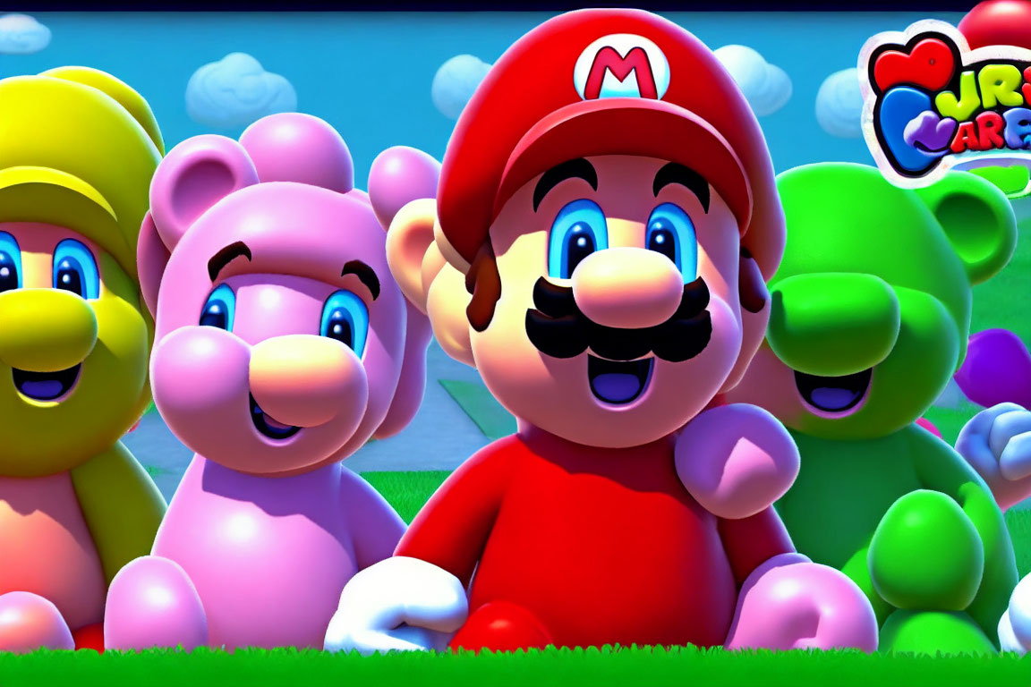 Vibrant Animated Characters on Grass with Mario, Bears, and Dinosaur