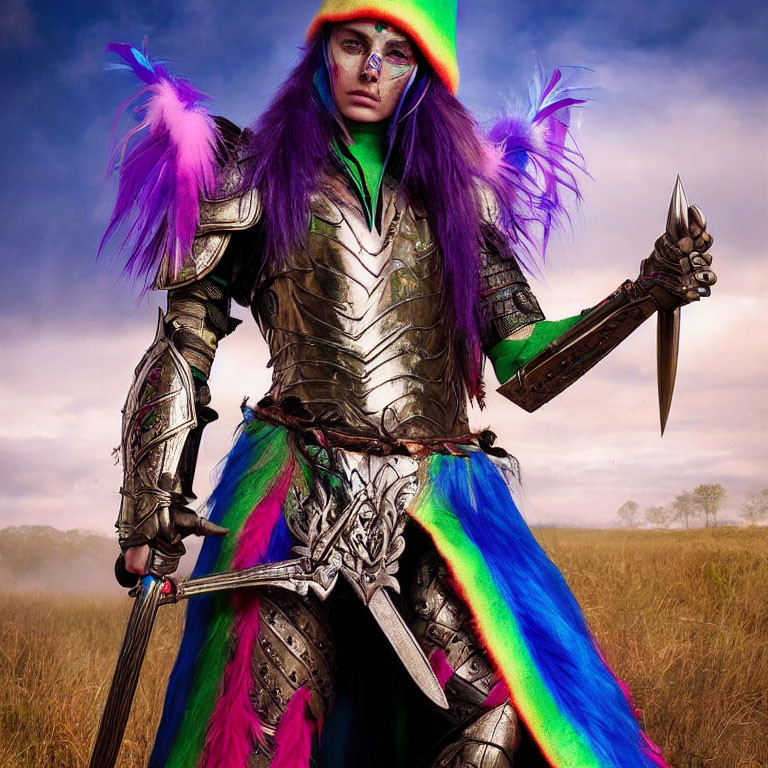 Colorful fantasy armor with weapons in a cloudy field