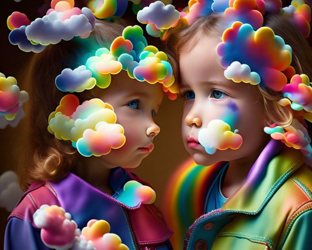 Vibrant cloud patterns on children's faces and hair in colorful backdrop