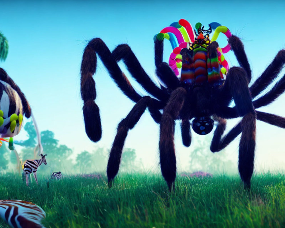 Colorful Giant Spider Illustration Surrounded by Zebra Creatures