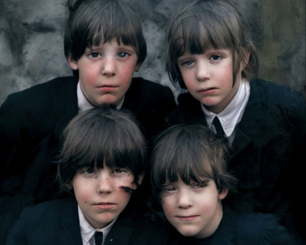 Four solemn children in black attire, possibly siblings, against grey backdrop