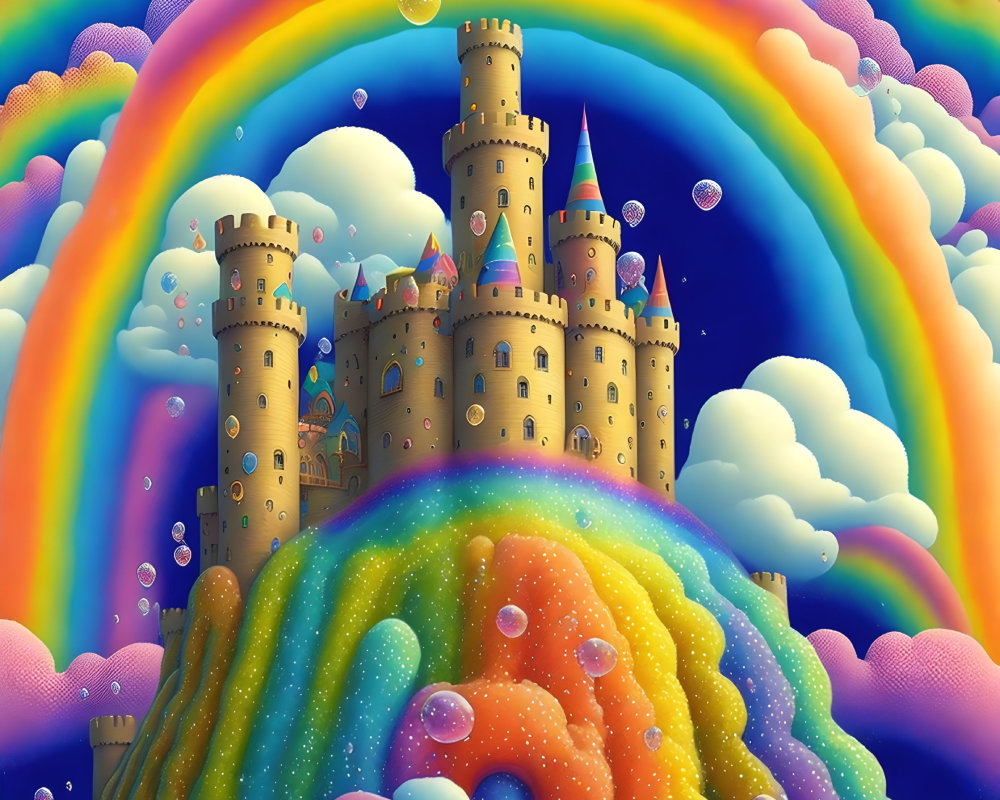 Colorful surreal illustration of sandcastle fortress in clouds with rainbow and bubbles