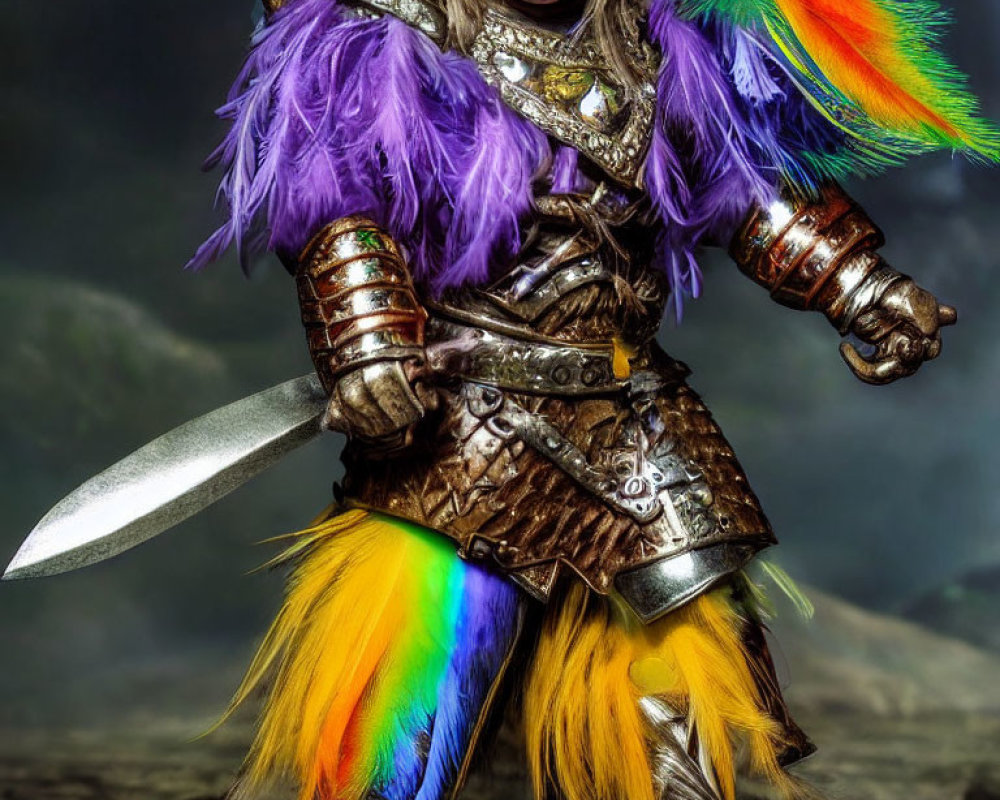 Fantasy character in purple fur armor with feathered shoulders and large sword