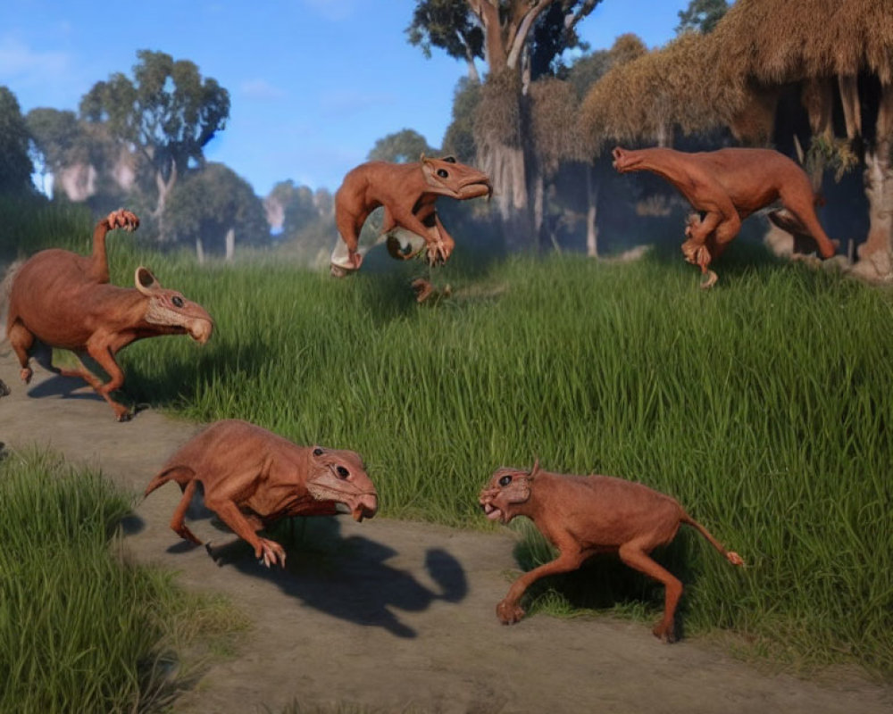 Brown feathered dinosaur-like creatures in grassy field with trees and huts.