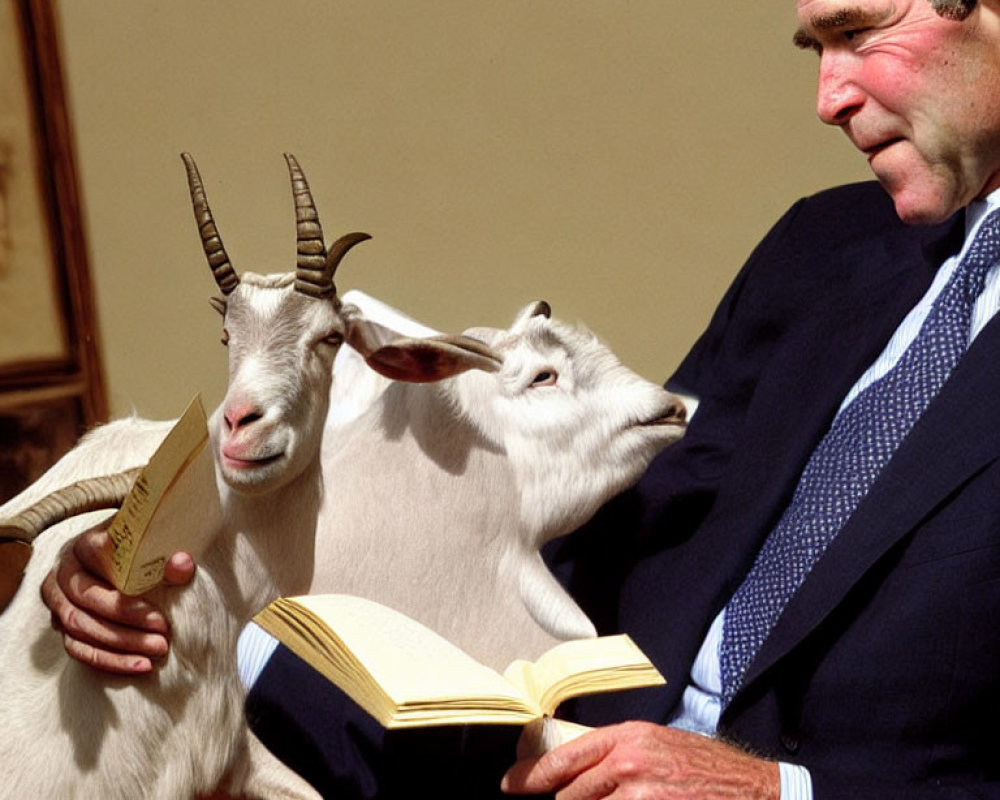 Person reading book to goats in room