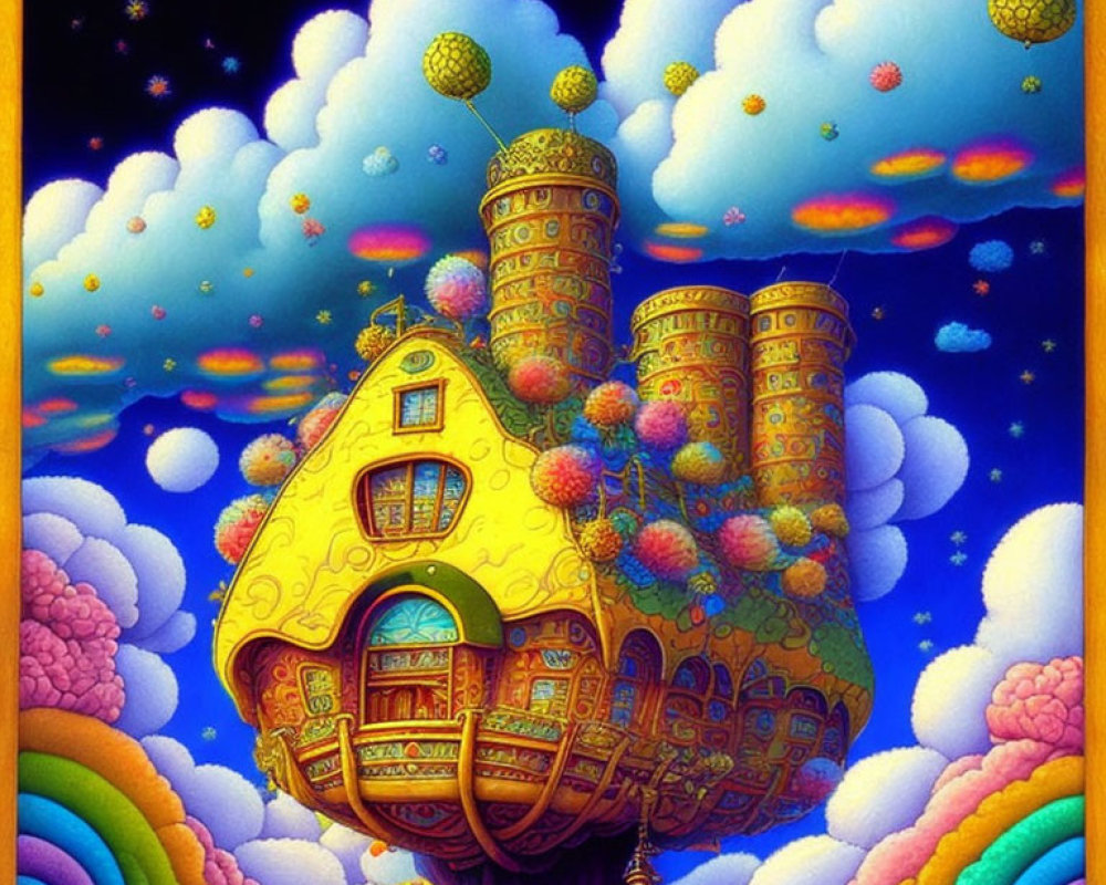 Whimsical Floating House Painting with Elaborate Towers