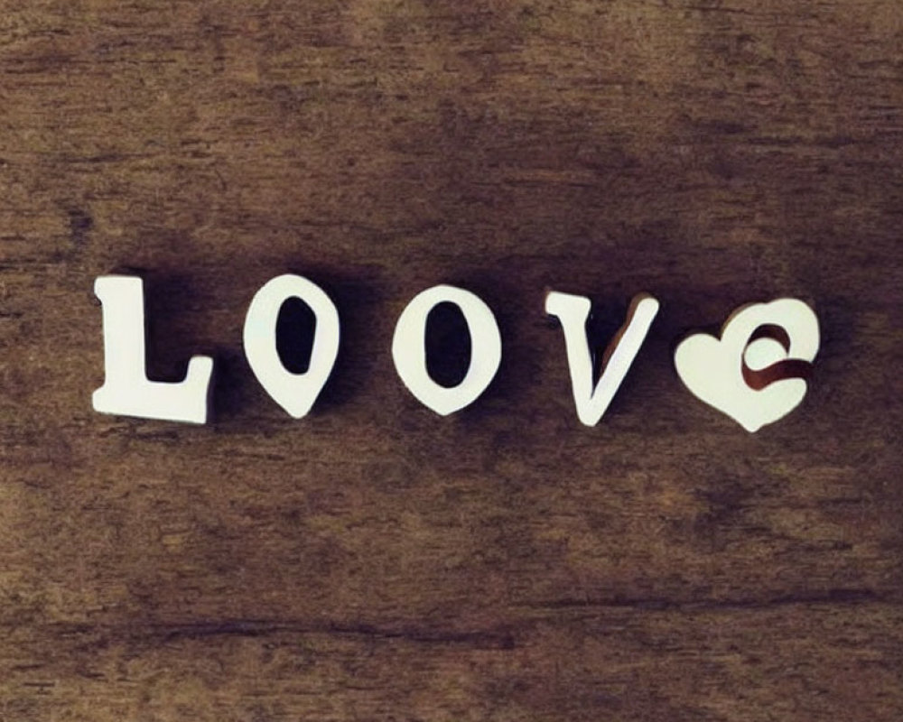 White "LOOVE" letters with heart symbol on wooden background