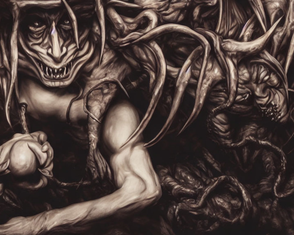 Eerie dark artwork of sinister, muscular figure in twisted shadows