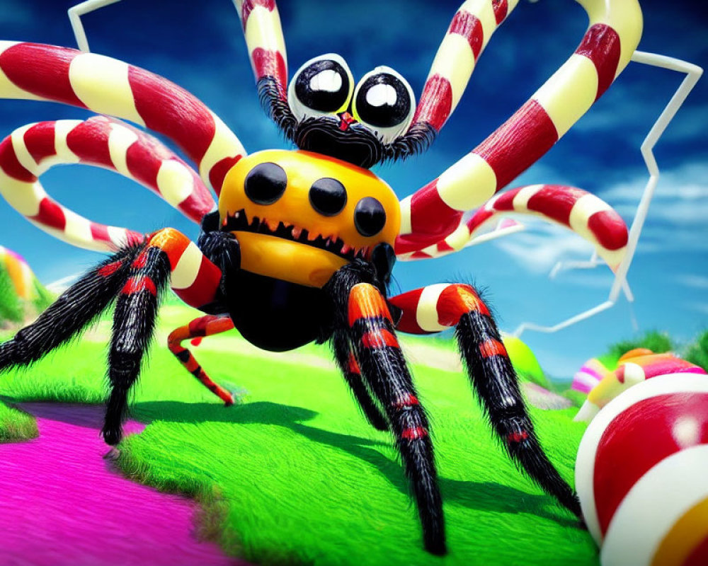 Colorful Cartoon Spider with Candy Cane Legs on Vibrant Background