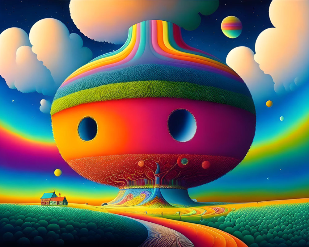 Vibrant surreal landscape with mushroom structure and planets