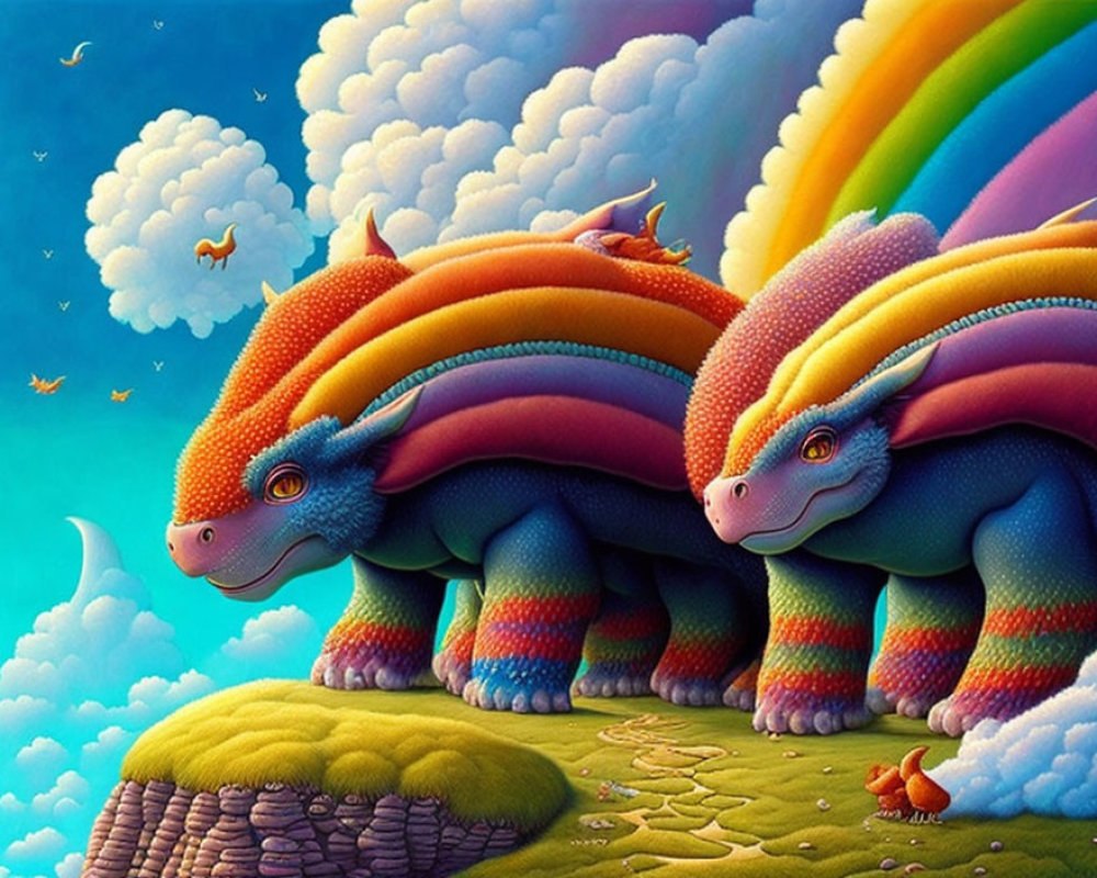 Vibrant illustration: rainbow dragons in fantasy landscape