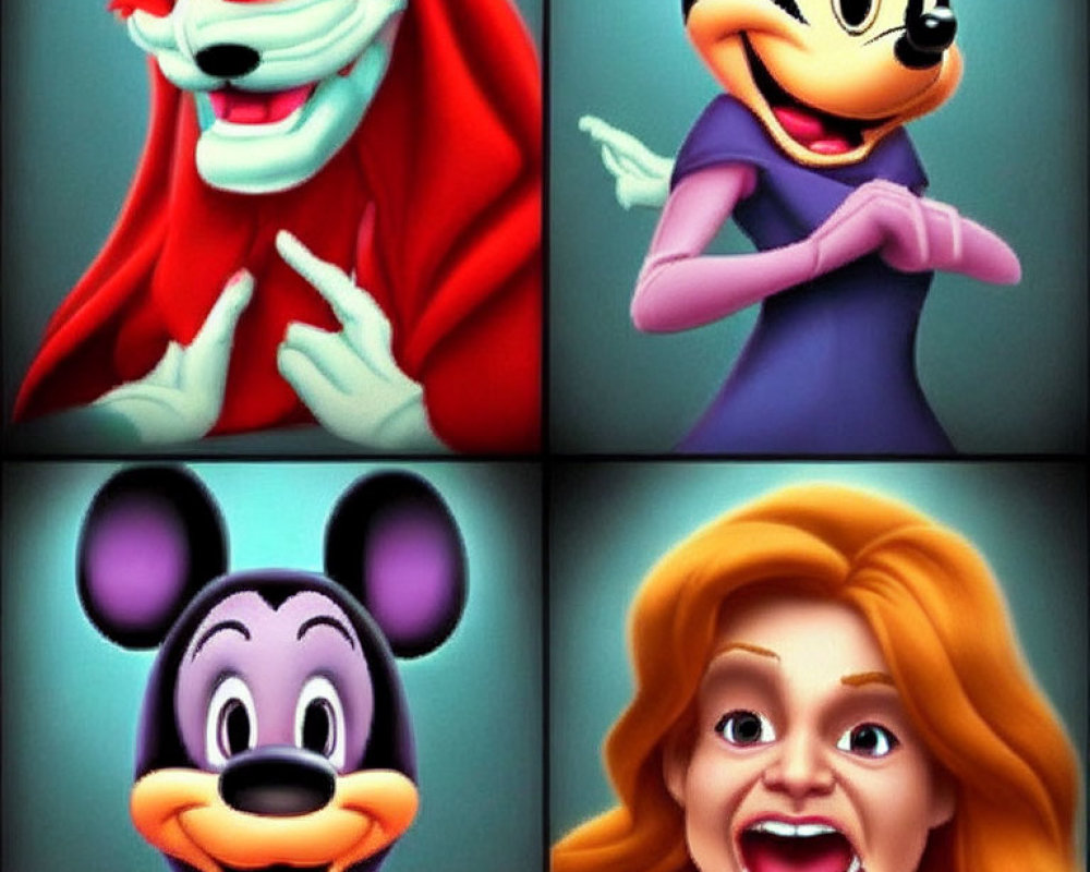 Four Disney characters with exaggerated expressions: red fox, female mouse, male mouse, and woman with long