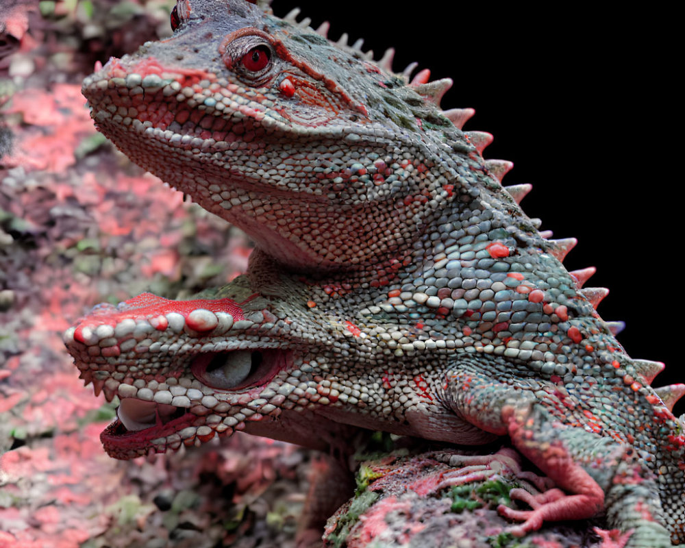 Red and Green Iguanas with Spiny Backs on Rocky Surface