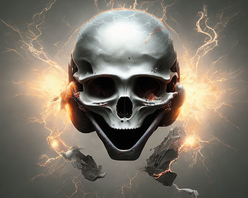 Metallic skull with glowing eyes in orange energy and lightning on dark background