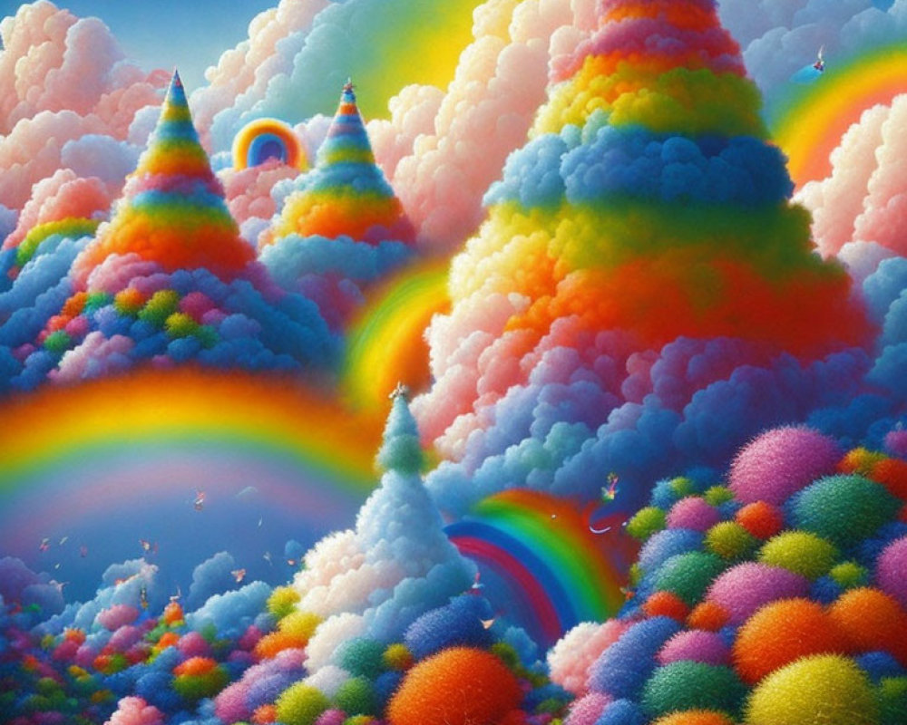 Colorful Landscape with Fluffy Clouds, Rainbows, and Rainbow Trees