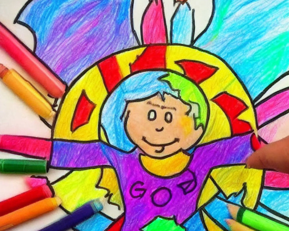 Child with wings in circular pattern and crayons, "GOOD" on shirt