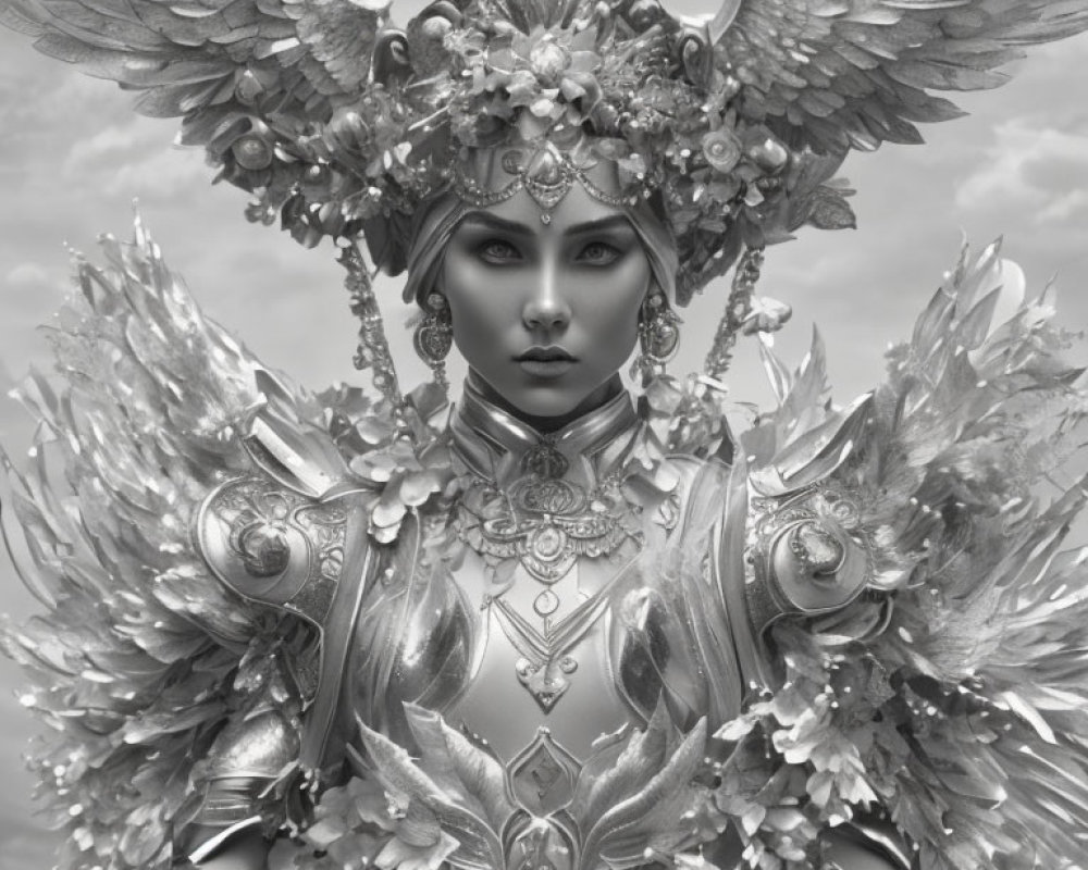 Fantasy-styled woman in winged armor with elaborate headdress and jewelry.