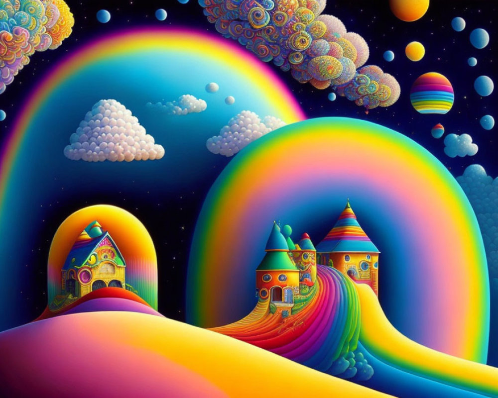 Colorful Castles and Rainbows in Whimsical Fantasy Landscape