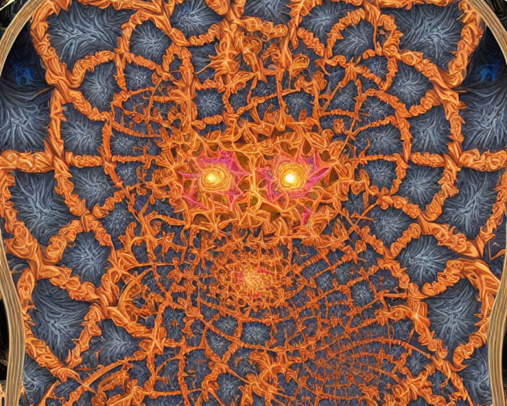 Intricate Orange and Blue Fractal Patterns with Glowing Node