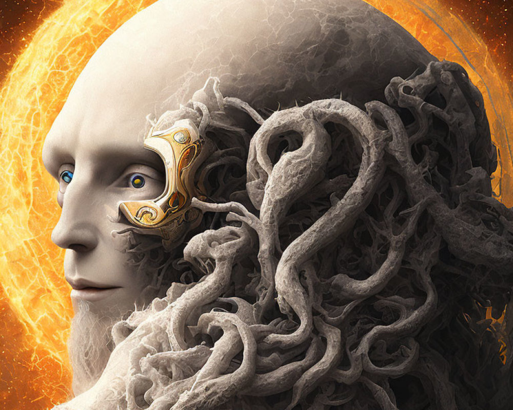 Celestial humanoid portrait with ornate eye-mask and fiery orange energy