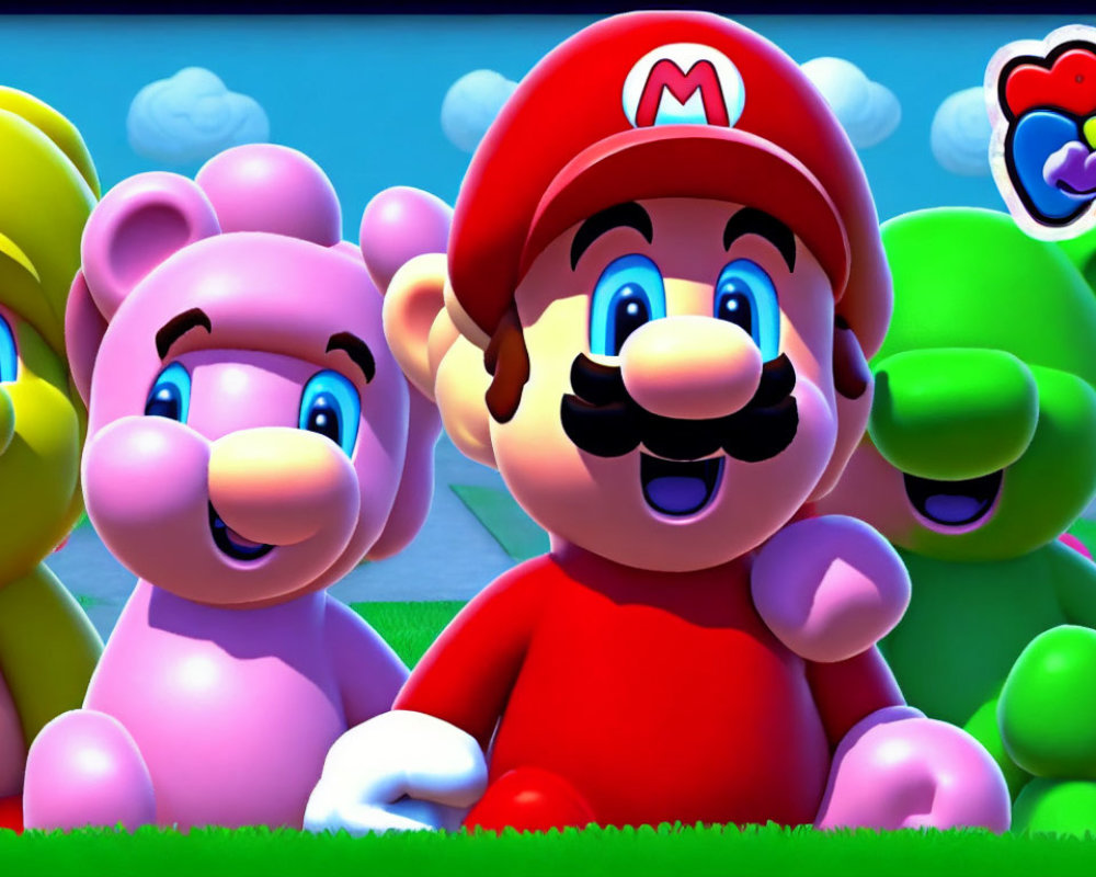 Vibrant Animated Characters on Grass with Mario, Bears, and Dinosaur