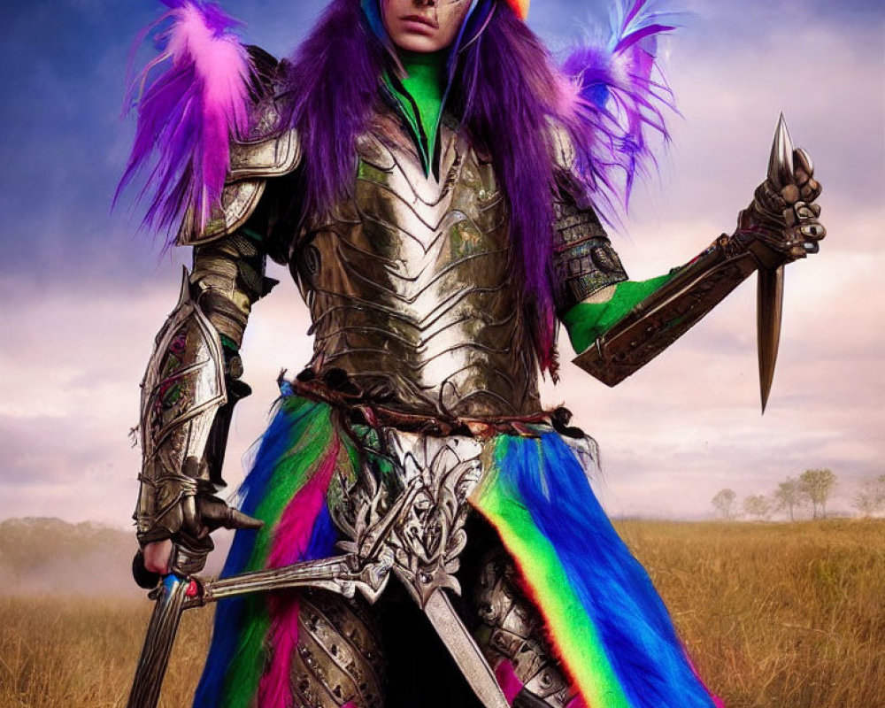 Colorful fantasy armor with weapons in a cloudy field