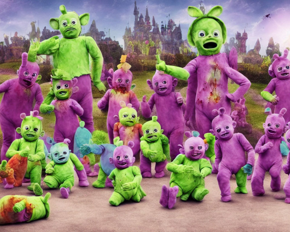 Colorful Teletubbies in Purple, Green, and Blue Fantasy Scene