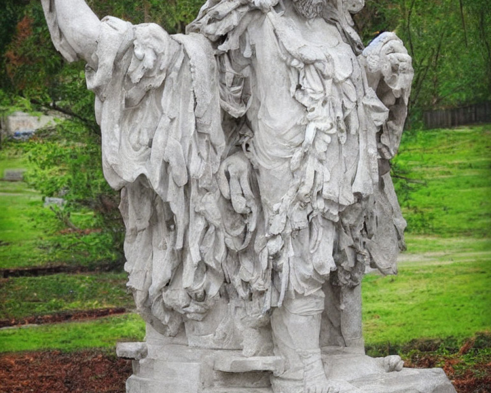 Stone statue of bearded figure in robes with outstretched arm in green background