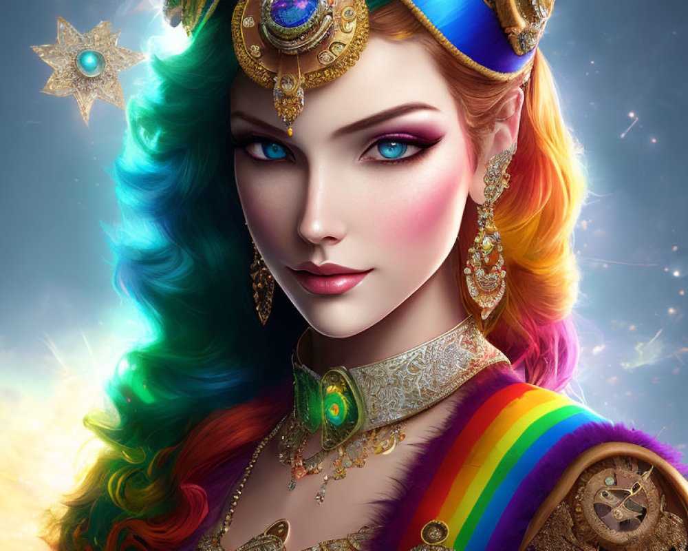 Colorful digital portrait of a woman with multi-colored hair and blue eyes in ornate attire