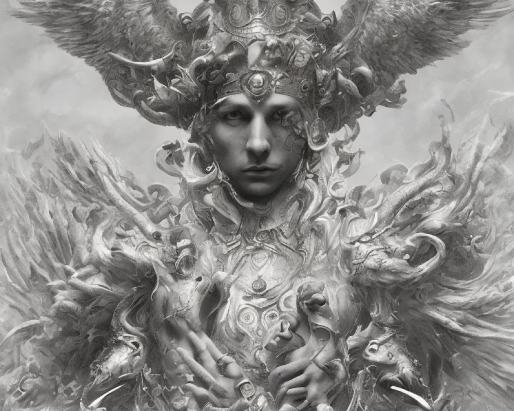 Intricate Monochromatic Figure with Elaborate Headdress