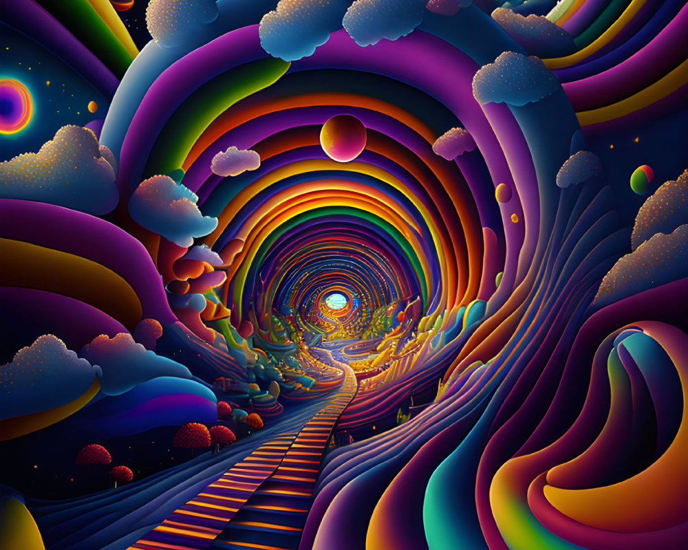 Colorful Psychedelic Landscape with Swirling Patterns and Floating Islands