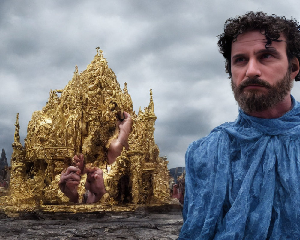 Man in Blue Robe Contemplating Ornate Golden Structure in Cloudy Sky