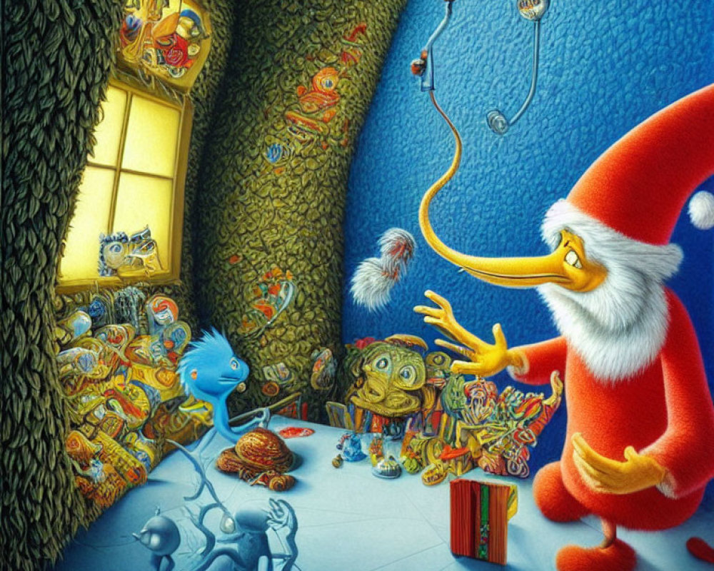 Colorful Santa-like figure with fantastical creatures in whimsical room