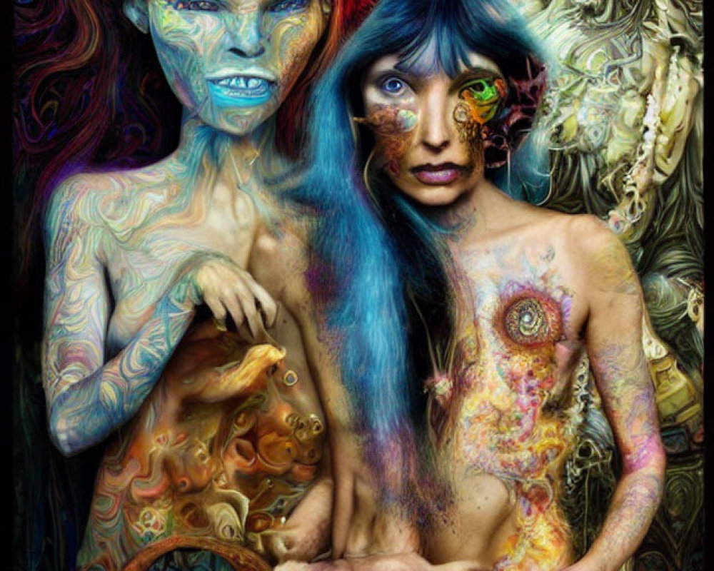 Colorful Body Art and Fantasy Features in Psychedelic Background