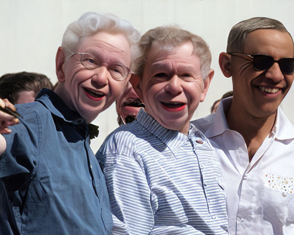 Three men posing together, two with caricature-like features, one in sunglasses