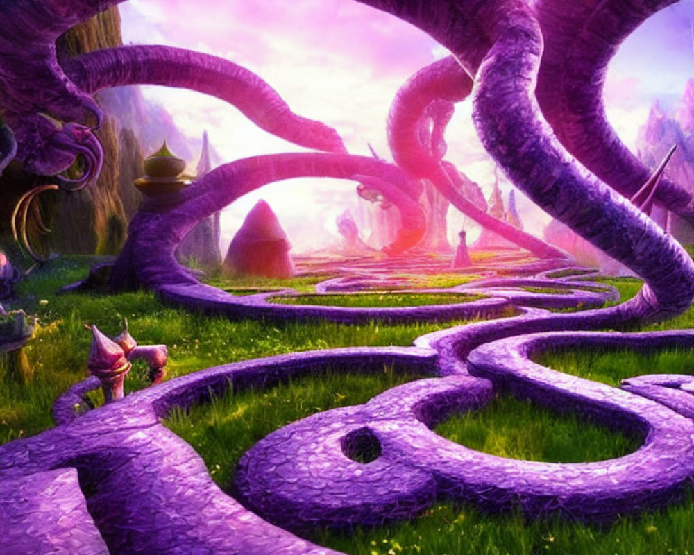 Fantasy landscape with purple tentacles, greenery, teapot, and cup