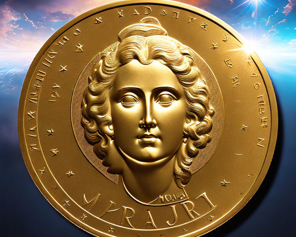 Golden coin with female face & Cyrillic text under starburst rays on cloudy sky